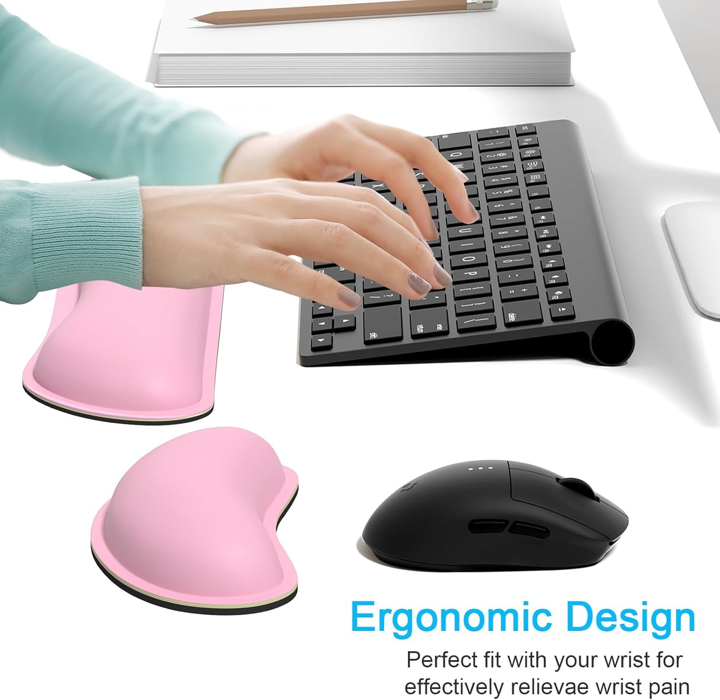 Dapesuom Keyboard Wrist Rest Set, Cute PU Leather Wrist Cushion for Computer Keyboard and Mousepad, Memory Foam Mouse Pad Rests Support with Non-Slip Base for Typing Pain Relief Laptop, Colonial White