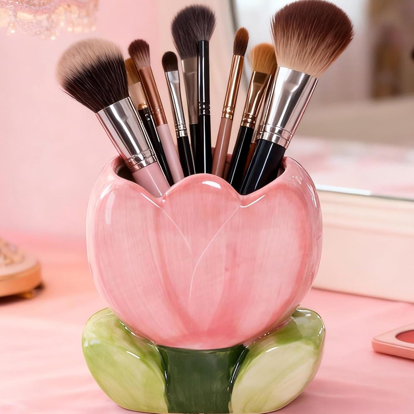 Pen Holder for Desk Cute Toothbrush Holder Tulips Vase Decor Aesthetic Pencil Holder for Office Makeup Brush Holder Yellow Kawaii Desk Accessories Home Decor Birthday Gifts for Women