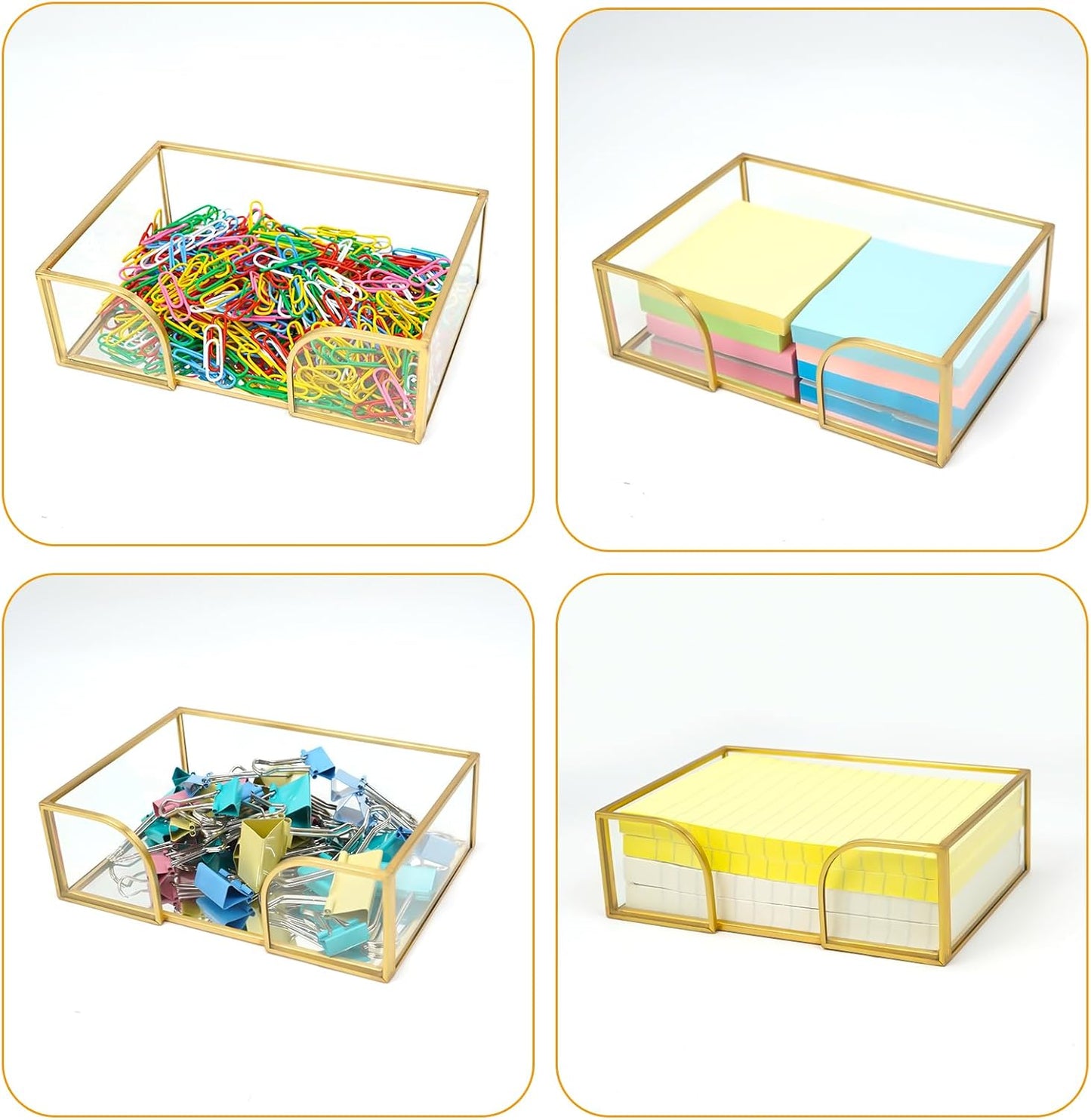 Sticky Note Holder,Glass Post It Note Dispenser with Pen Slot,Gold 3 x 3 Inch Post It Note Holder for Desk,Stylish Sticky Note Dispenser for Home Office Desk