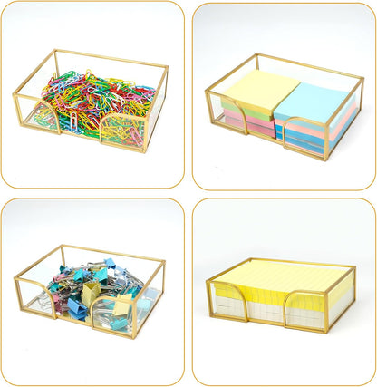 Sticky Note Holder,Glass Post It Note Dispenser with Pen Slot,Gold 3 x 3 Inch Post It Note Holder for Desk,Stylish Sticky Note Dispenser for Home Office Desk