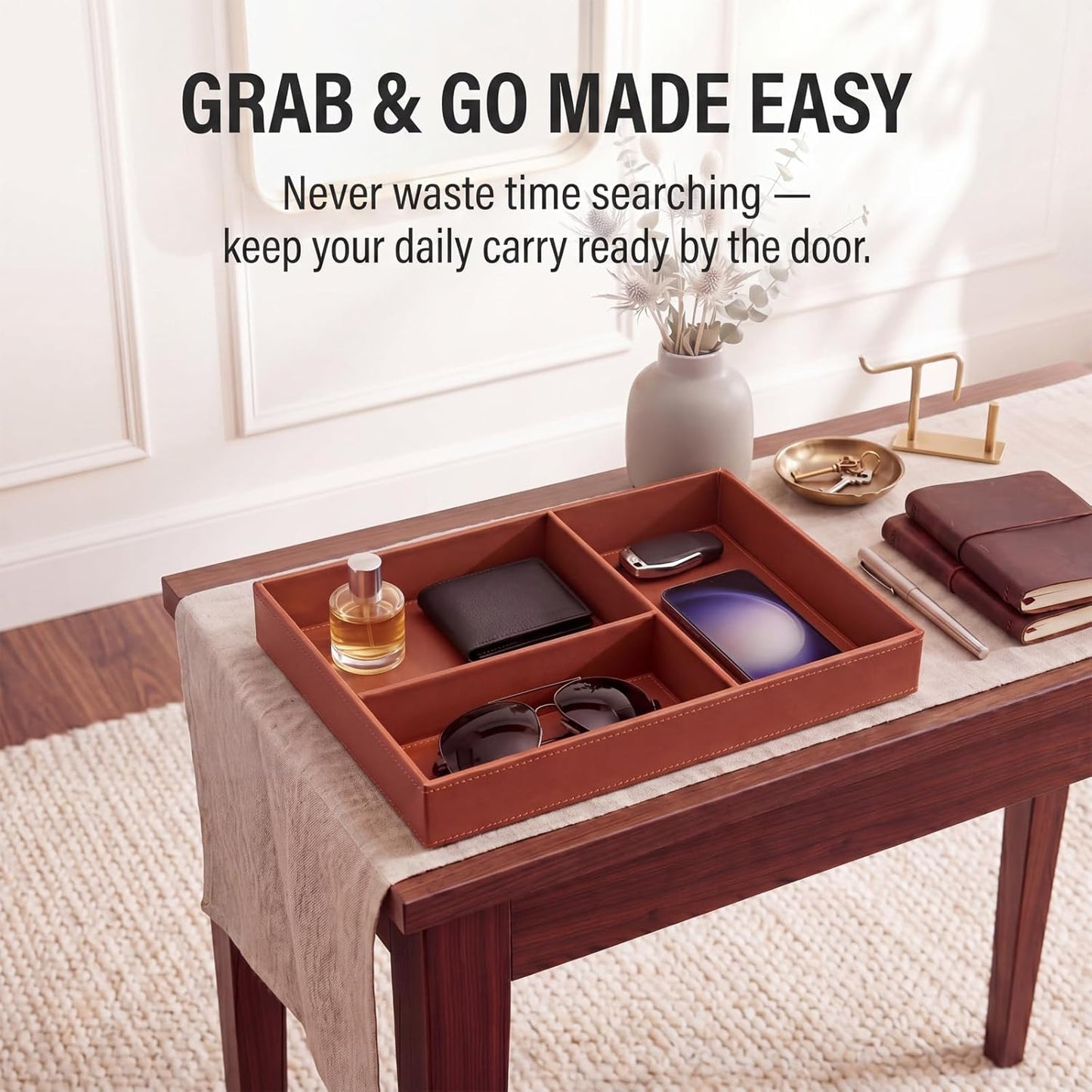 LemonRoad Leather Valet Tray for Men, Vegan Leather EDC Catch-All Organizer, Nightstand Entryway Bedside Storage Caddy for Keys, Wallets, Watches, Phones, Coins & Small Trinkets, Classic Brown