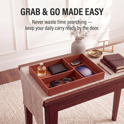 LemonRoad Leather Valet Tray for Men, Vegan Leather EDC Catch-All Organizer, Nightstand Entryway Bedside Storage Caddy for Keys, Wallets, Watches, Phones, Coins & Small Trinkets, Classic Brown