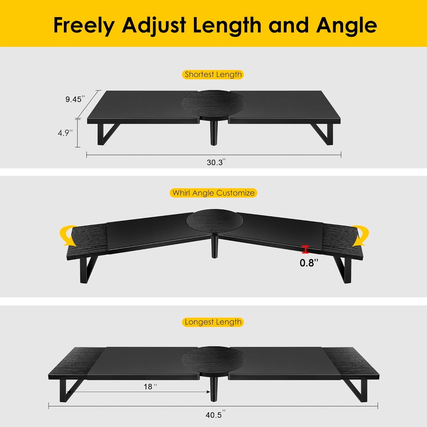 Across-Star Dual-Monitor-Stand-Riser-For-Desk Adjustable Length 32-40 Inch，Large Desktop Computer Monitor Riser For 2 Screens，Desk Shelf Organizer Riser Stand For Computer/Laptop/PC/Printer/TV Black