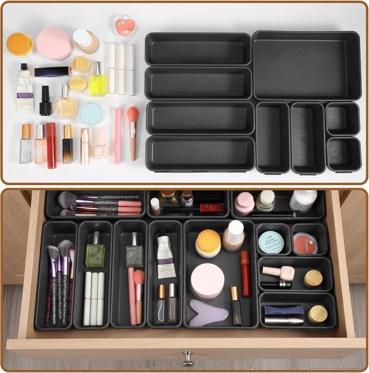 9 Pcs Stackable Drawer Organizer Trays Set, Versatile Desk and Vanity Drawer Organizer Trays, Storage Bins for Makeup, Bathroom, Bedroom, Kitchen and Office Stackable Storage Trays