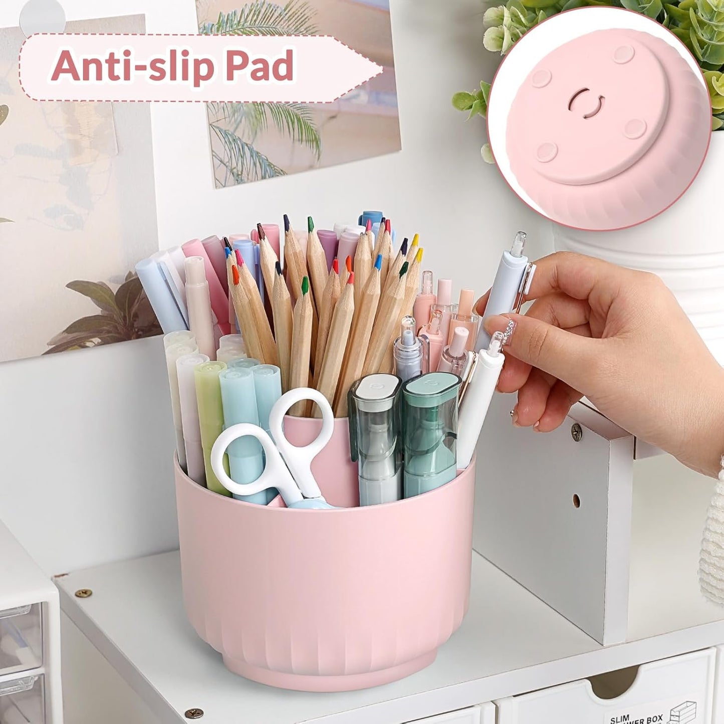 SKYDUE 360 Degree Rotating Pencil Pen Holder for Desk, Dual-Purpose Desk Organizer, Rotating Pencil Cup with 5 Slots, Office Supplies, Desk Decor for Office, School, Home