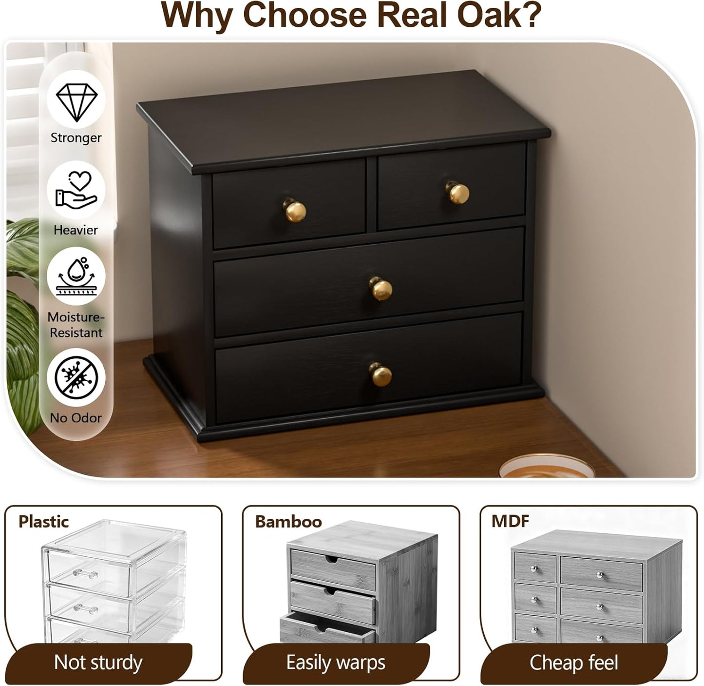 Oak Desk Organizer with Drawers, Durable Wooden Desktop Storage Box with Metal Handles & Non-Slip Silicone Pads, 4 Drawer Tabletop Organizer for Office, Bedroom, Bathroom, Vanity, and Makeup – Walnut