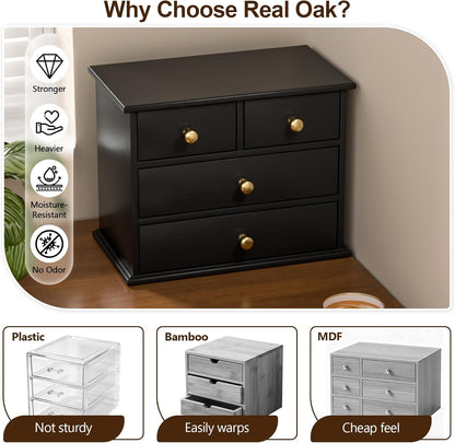 Oak Desk Organizer with Drawers, Durable Wooden Desktop Storage Box with Metal Handles & Non-Slip Silicone Pads, 4 Drawer Tabletop Organizer for Office, Bedroom, Bathroom, Vanity, and Makeup – Walnut