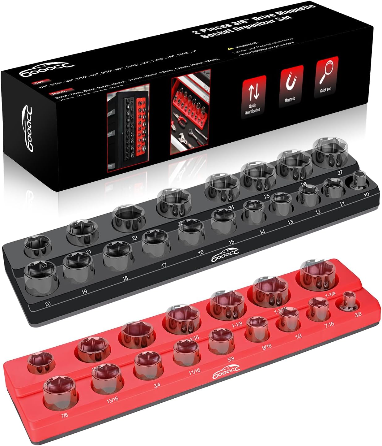GOOACC 1/4" Magnetic Socket Organizer, 2 Pieces Socket Holder Metric SAE Socket Tray, 1/4 inch Socket Organizer Tray Holds 52 Standard Sockets for Tool Box Drawer