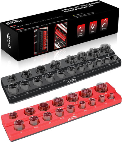 GOOACC 1/4" Magnetic Socket Organizer, 2 Pieces Socket Holder Metric SAE Socket Tray, 1/4 inch Socket Organizer Tray Holds 52 Standard Sockets for Tool Box Drawer