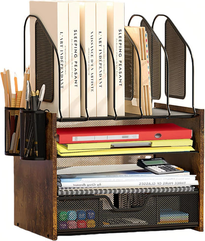 Wood Desk Organizer - 3-Tier Desktop File Organizer with Drawer, Wooden Paper Tray, Office Desk Organzier and Accessories for Papers, Mail, Notebooks, Stationery