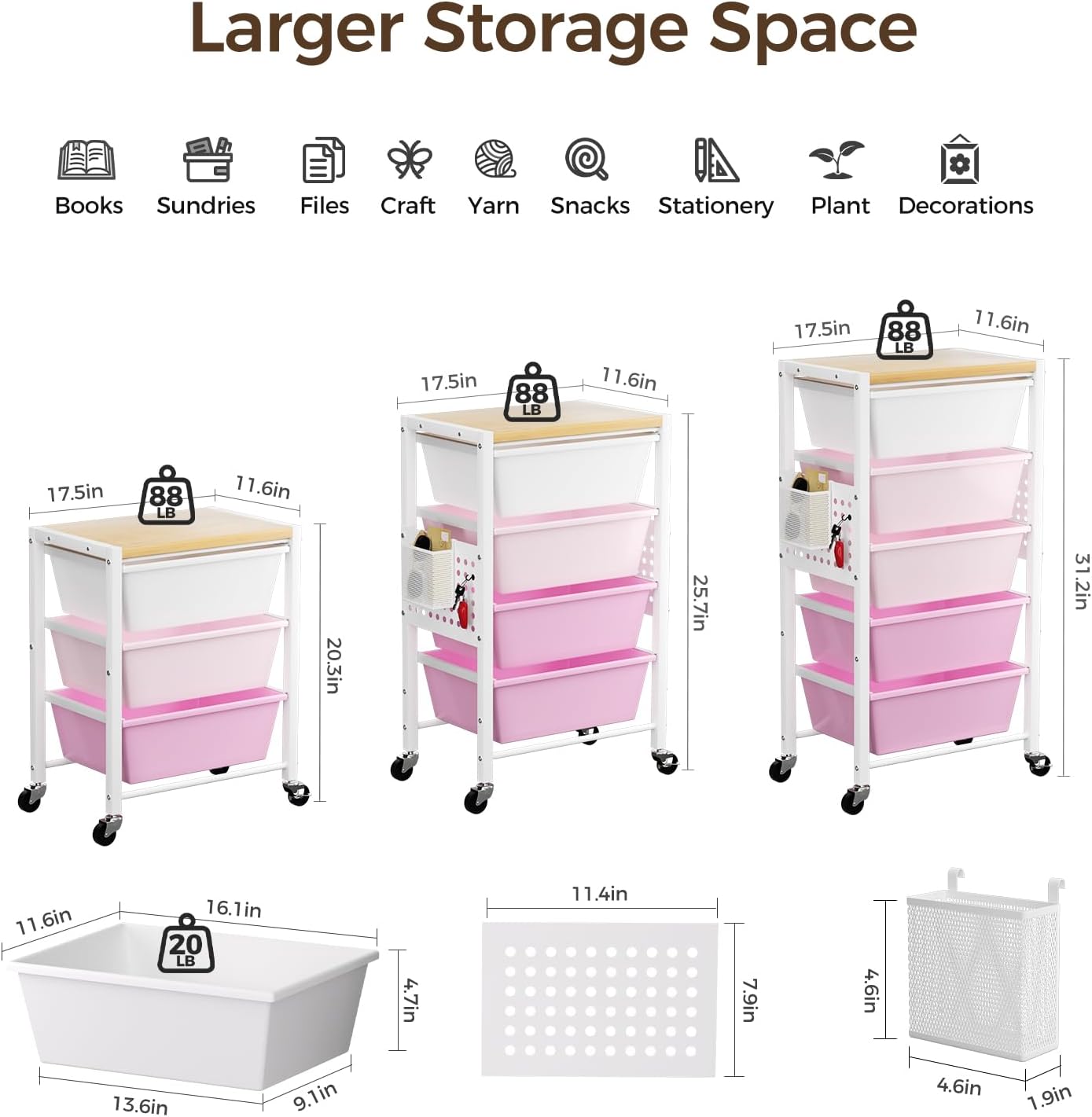 Rolling Cart with 3 Drawers, Plastic Drawer Storage Carts with Lockable Wheels & Wooden Tabletop, Metal Utility Cart Organizer, Office Bedroom Classroom Craft Organization and Storage, Bright White