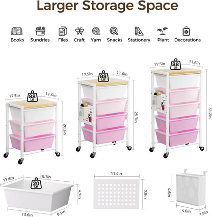 Rolling Cart with 3 Drawers, Plastic Drawer Storage Carts with Lockable Wheels & Wooden Tabletop, Metal Utility Cart Organizer, Office Bedroom Classroom Craft Organization and Storage, Bright White
