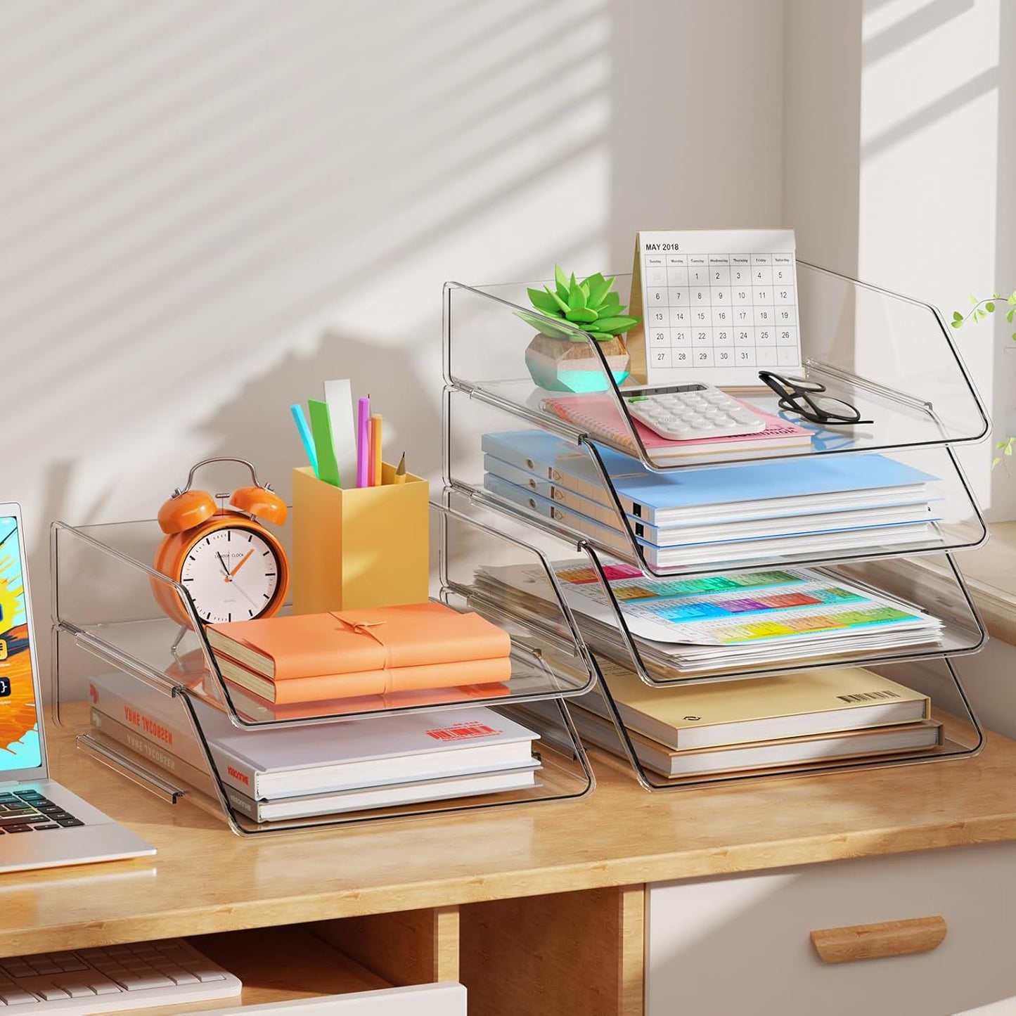 YKLSLH 4 Trays Paper Organizer Letter Tray - Acrylic Desk File Organizer, Stackable Clear Paper Holder Sorter Office Organizer for Letter/A4, Office File Ipad Books Notes Etc