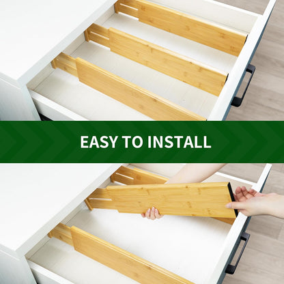 VaeFae Adjustable Bamboo Drawer Dividers, Expandable Drawer Organizer for Kitchen, Bedroom, Bathroom, Dresser and Office, 6-Pack