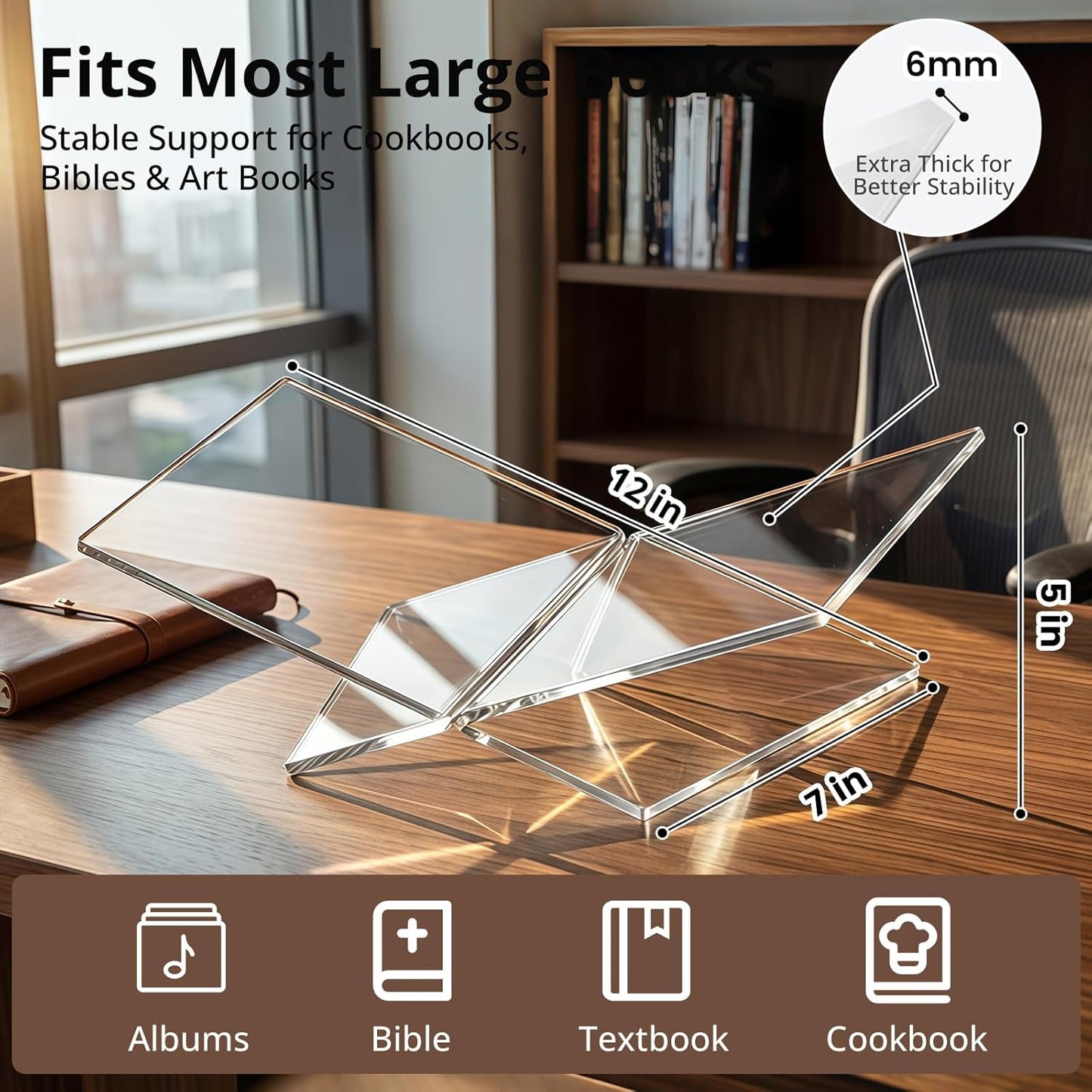 Acrylic Desktop Book Stand, Clear Angled Book Holder Display for Cookbooks, Magazines & Art Books, 12×7×5 in Slim Transparent Reading Stand for Desk & Coffee Table