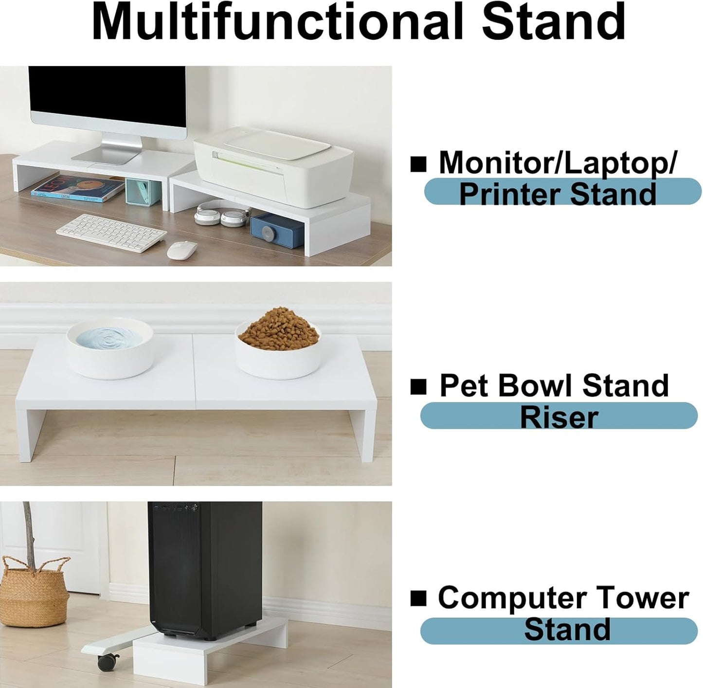 TEAMIX 20 inch White Monitor Stand Riser, Wood Desktop Stand for PC/TV/Laptop/Printer, White Monitor Riser with Storage, Computer Stand with Keyboard Organizer