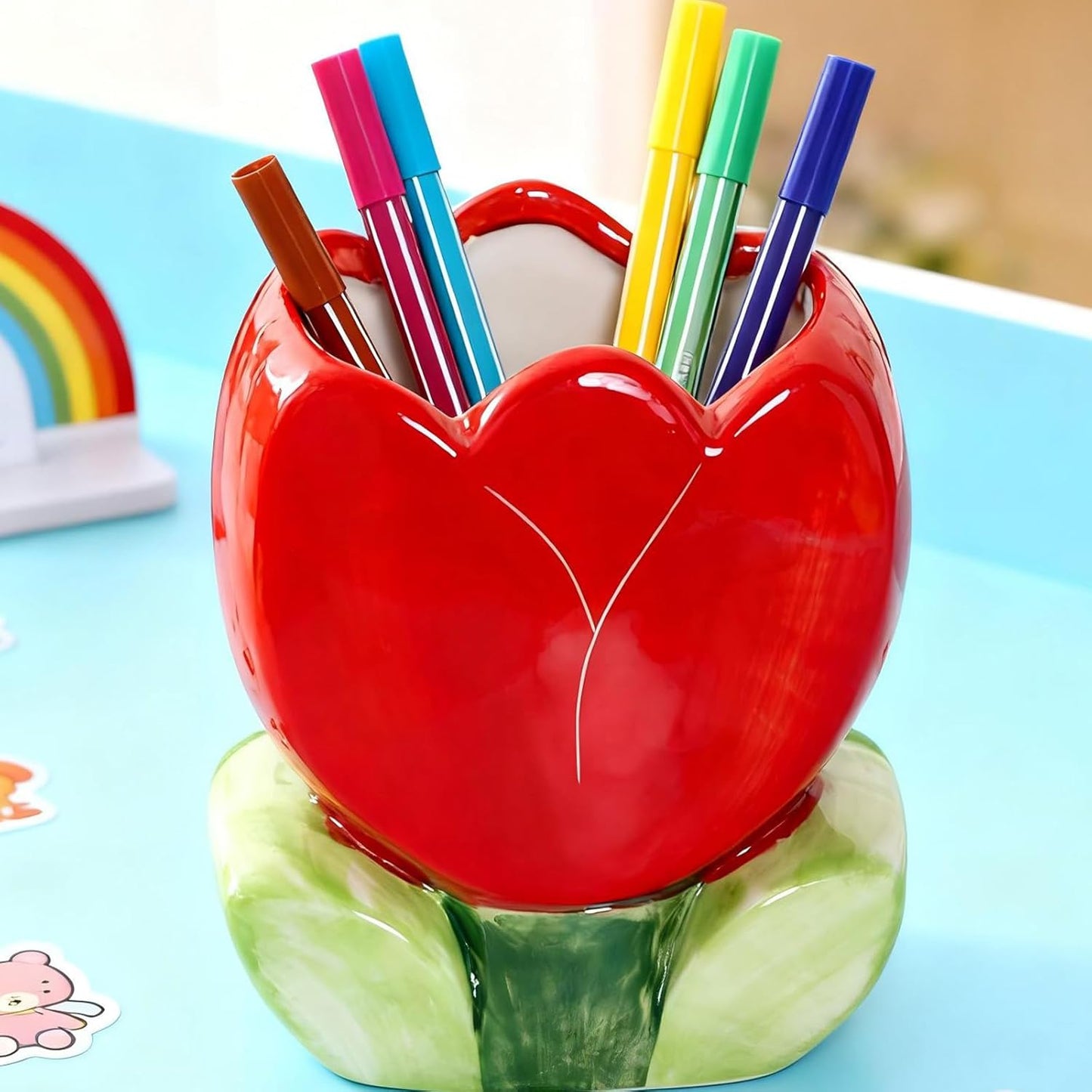 Pen Holder for Desk Cute Toothbrush Holder Tulips Vase Decor Aesthetic Pencil Holder for Office Makeup Brush Holder Yellow Kawaii Desk Accessories Home Decor Birthday Gifts for Women