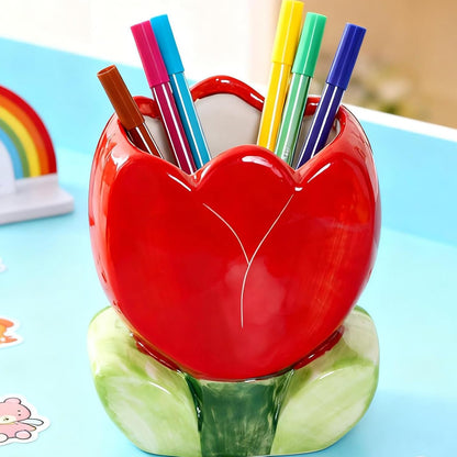 Pen Holder for Desk Cute Toothbrush Holder Tulips Vase Decor Aesthetic Pencil Holder for Office Makeup Brush Holder Yellow Kawaii Desk Accessories Home Decor Birthday Gifts for Women