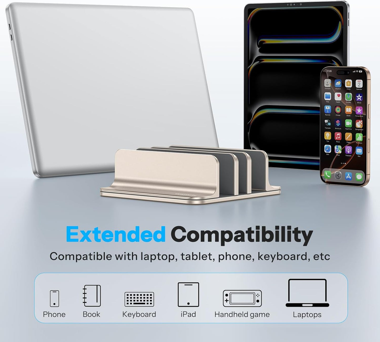 OMOTON Vertical Laptop Stand [Updated 3-Slots Version], Desktop Aluminum Mac Book Stand with Adjustable Dock Size, Fits All Mac Book, Chrome Book and Gaming Laptops (Up to 17.3 inch), Starlight