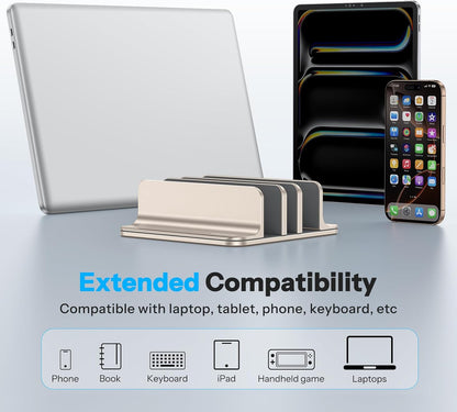 OMOTON Vertical Laptop Stand [Updated 3-Slots Version], Desktop Aluminum Mac Book Stand with Adjustable Dock Size, Fits All Mac Book, Chrome Book and Gaming Laptops (Up to 17.3 inch), Starlight