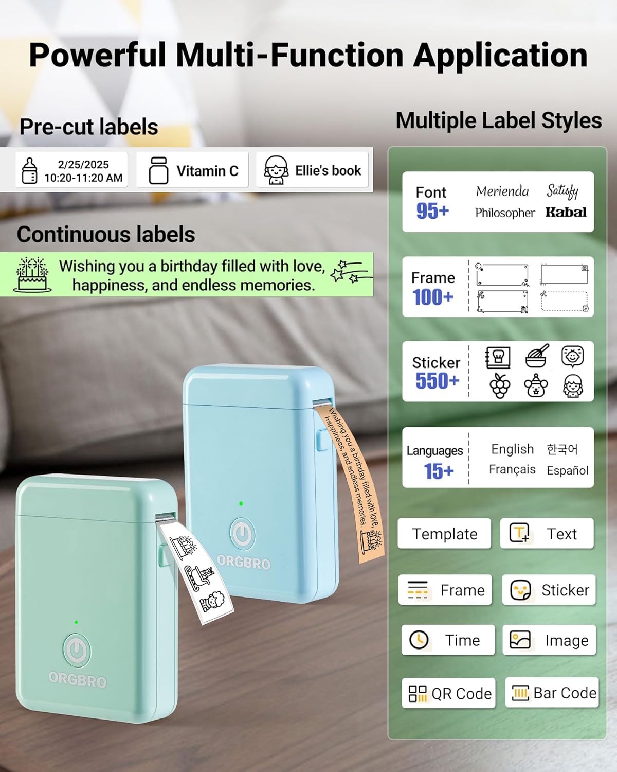 ORGBRO Label Maker Machine with Tape, X1 Portable Bluetooth Mini Label Printer, Support Pre-Cut & Continuous Label, Wireless Small Label Makers with Versatile App for School Home Office Organization