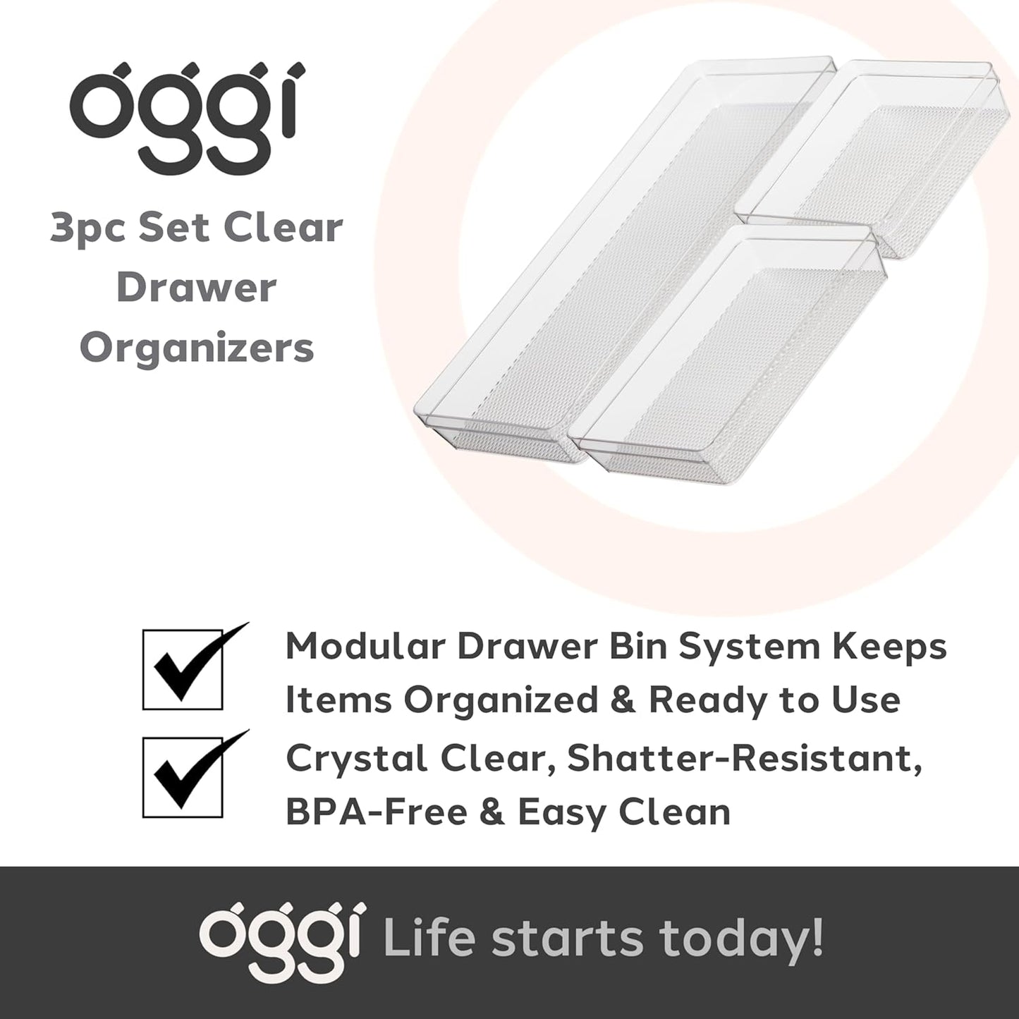 Oggi Set of 5 Clear Drawer Organizers - (1) 3x6.25, (2) 3x9.5, (2) 3x12.5 - Ideal for Organizing Kitchen Drawers, Office, Desk, Silverware, Kitchen Utensils, Cosmetics and Bathrooms
