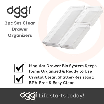 Oggi Set of 5 Clear Drawer Organizers - (1) 3x6.25, (2) 3x9.5, (2) 3x12.5 - Ideal for Organizing Kitchen Drawers, Office, Desk, Silverware, Kitchen Utensils, Cosmetics and Bathrooms