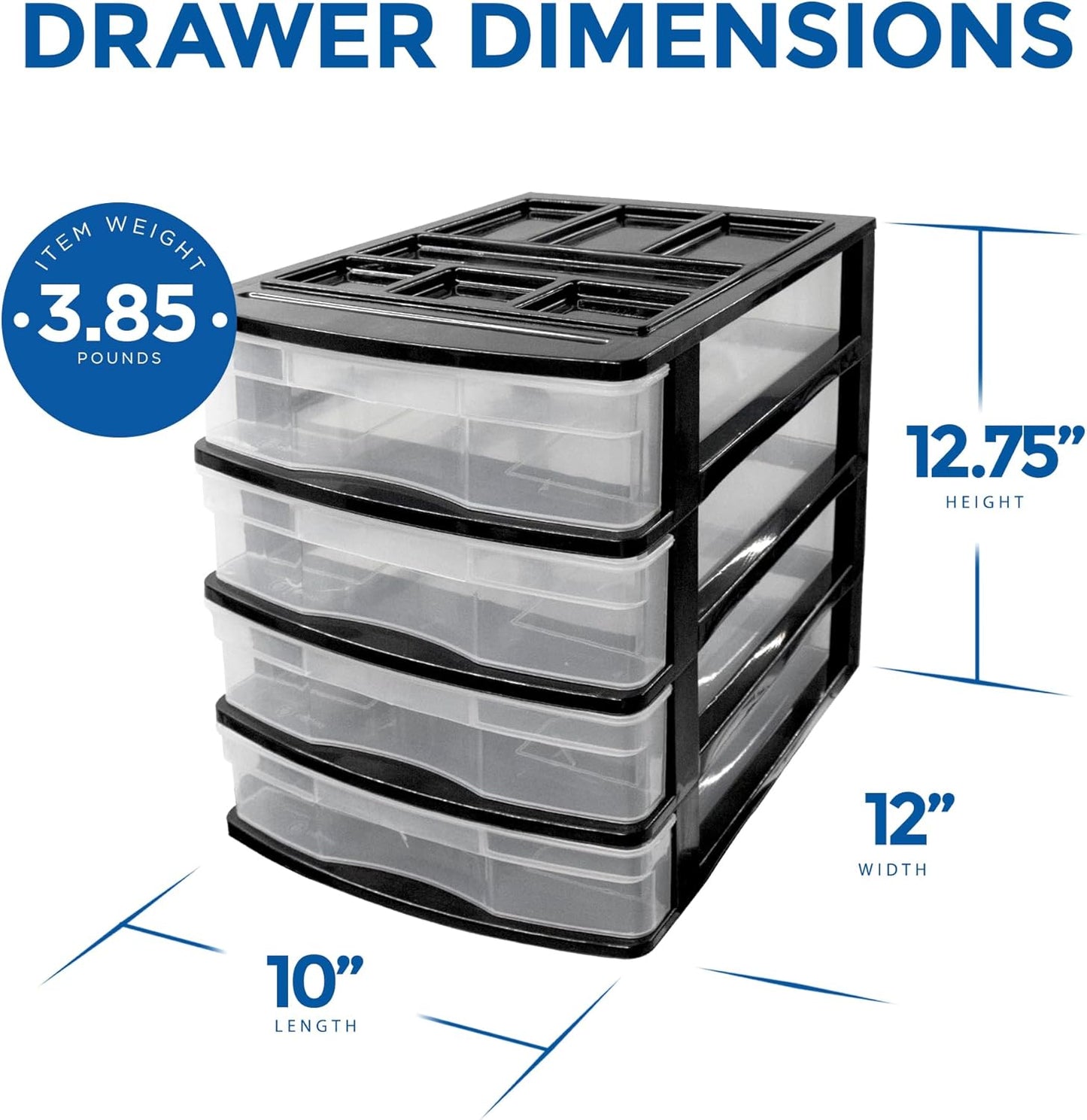 Gracious Living 4-Drawer Desktop and Countertop Storage Organizer Drawer Set, Plastic Office Desk Organizer, Black/Clear