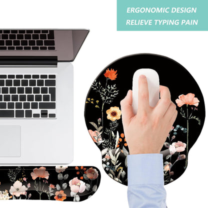 Keyboard Wrist Rest Pad Mouse Pad with Wrist Support Set of 3, Mousepad with Non-Slip Rubber Base, Ergonomic Memory Foam Mouse Wrist Cushion Support for Home Office Laptop Computer, Flower Black
