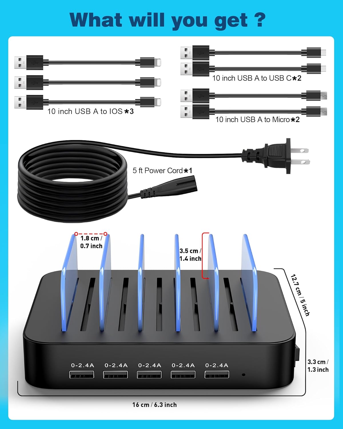 MSTJRY Charging Station for Multiple Devices : 5 Port Multi USB-A Charger Stations Multi-Device Organizer Charging Dock Designed for iPhone iPad Cell Phone Tablets (7 Short Cables Included)
