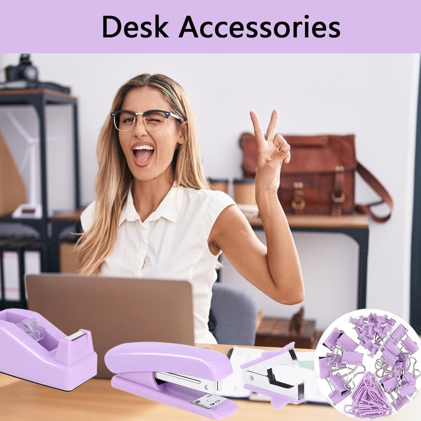 suniya Office Supplies,Gold Desk Accessories,with Stapler,Tape Dispenser,Pen Holder,Scissors,Phone Stand,Staple Remover,Ballpoint Pen,Clear Tape, Staples,Ruler,Clips,Best Gift for Business or Boss