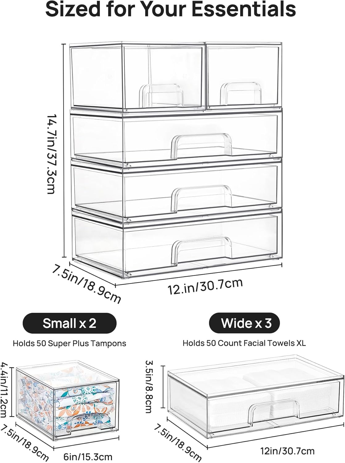Vtopmart Stackable Storage Drawers Set of 4, Clear Plastic Organizer Bins for Bathroom Supplies,Ideal for Cabinet,Pantry,Laundry Room Organization