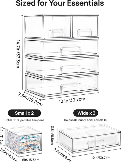 Vtopmart Stackable Storage Drawers Set of 4, Clear Plastic Organizer Bins for Bathroom Supplies,Ideal for Cabinet,Pantry,Laundry Room Organization