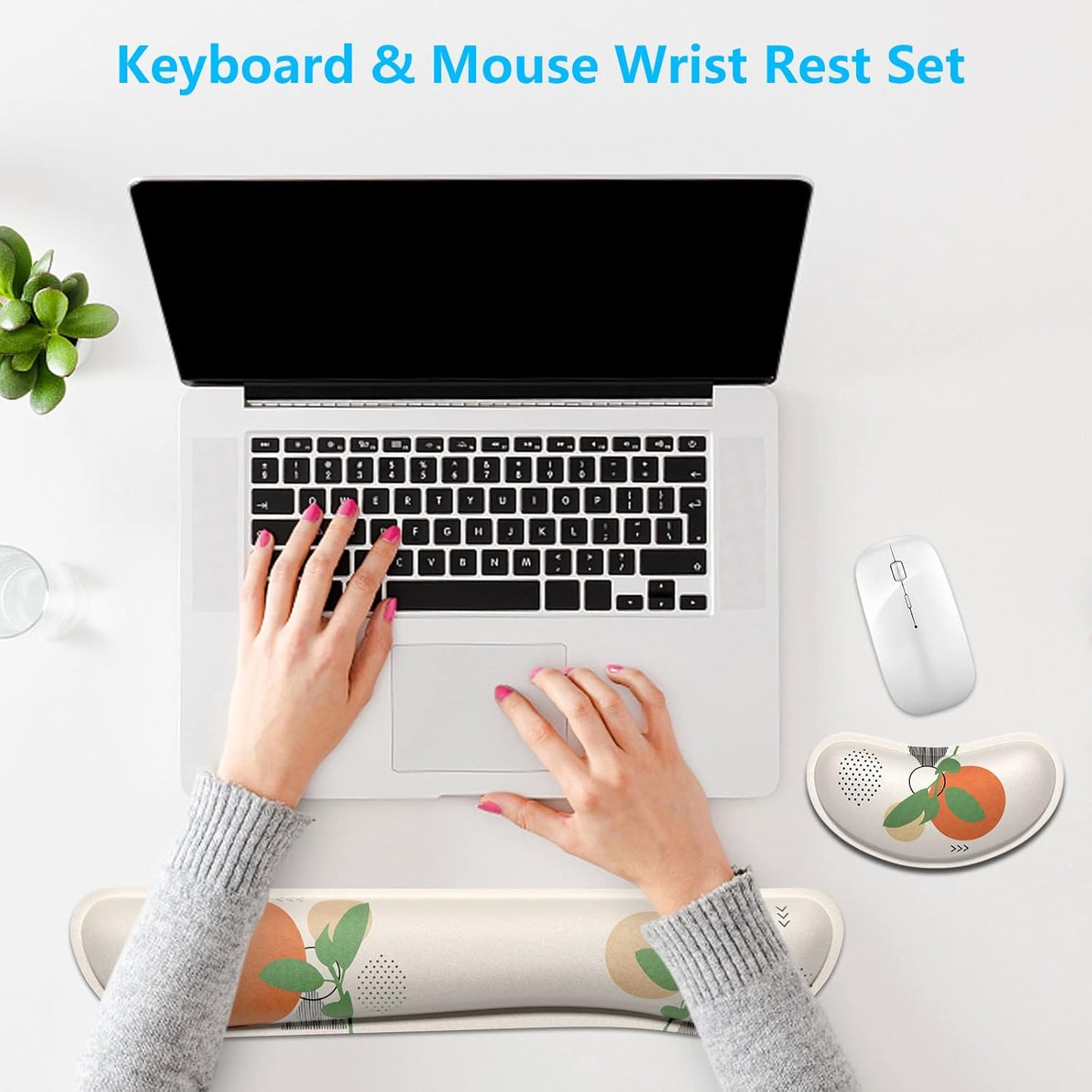 Dapesuom Enlarge Keyboard Wrist Rest, Memory Foam Wrist Cushion for Desk Mats Support, Cute Pain Relief Keyboard Mouse Pad Rests Set with Non-Slip Base for Gaming Laptop Office Computer, Green Leaf