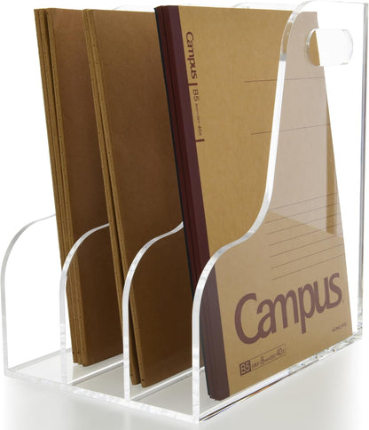 Acrylic Magazine File Holder, 4 Vertical Compartments Desk Document Sorter Organizer, Clear Folder Rack Binder for Office/Home/Classroom, for Documents, Tablet, Magazines, Books & Accessories