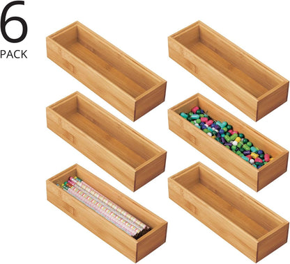 mDesign Slim Wooden Bamboo Drawer Organizer for Office - 12" Long Stackable Storage Box Tray for Desk Drawers/Cabinet - Junk Drawer and Accessories Organization - Echo Collection, 2 Pack, Natural Wood