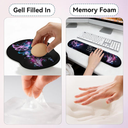 Desk Mat Set + Keyboard and Mouse Pad with Wrist Rest Support,4-in-1 Large Mousepad Computer Mats for Desktop Home & Office-Purple Butterflies