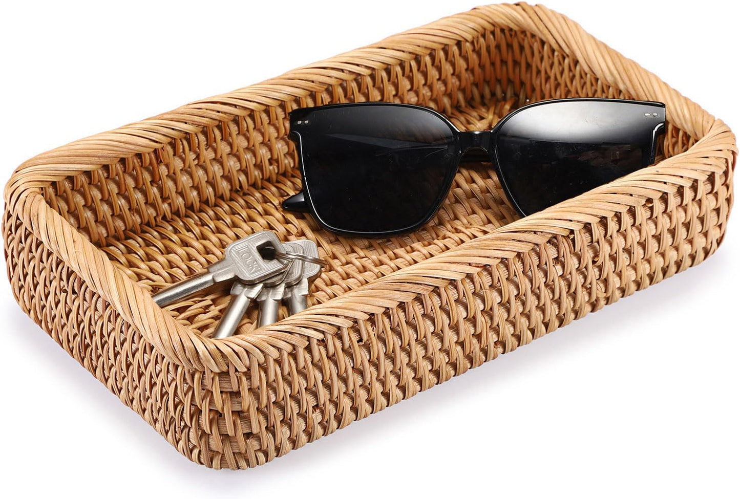 Hipiwe Key Basket Tray for Entryway Table Rattan Serving Tray Handwoven Wicker Baskets Vanity Trays Square Decorative Fruit Trays for Kitchen Counter Bedside Living Room Bathroom, 8.1"