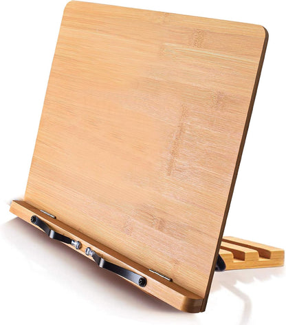 wishacc Bamboo Book Stand, Adjustable Book Holder Tray and Page Paper Clips-Cookbook Reading Desk Portable Stable Hard-Wearing Lightweight Bookstand-Textbooks Books