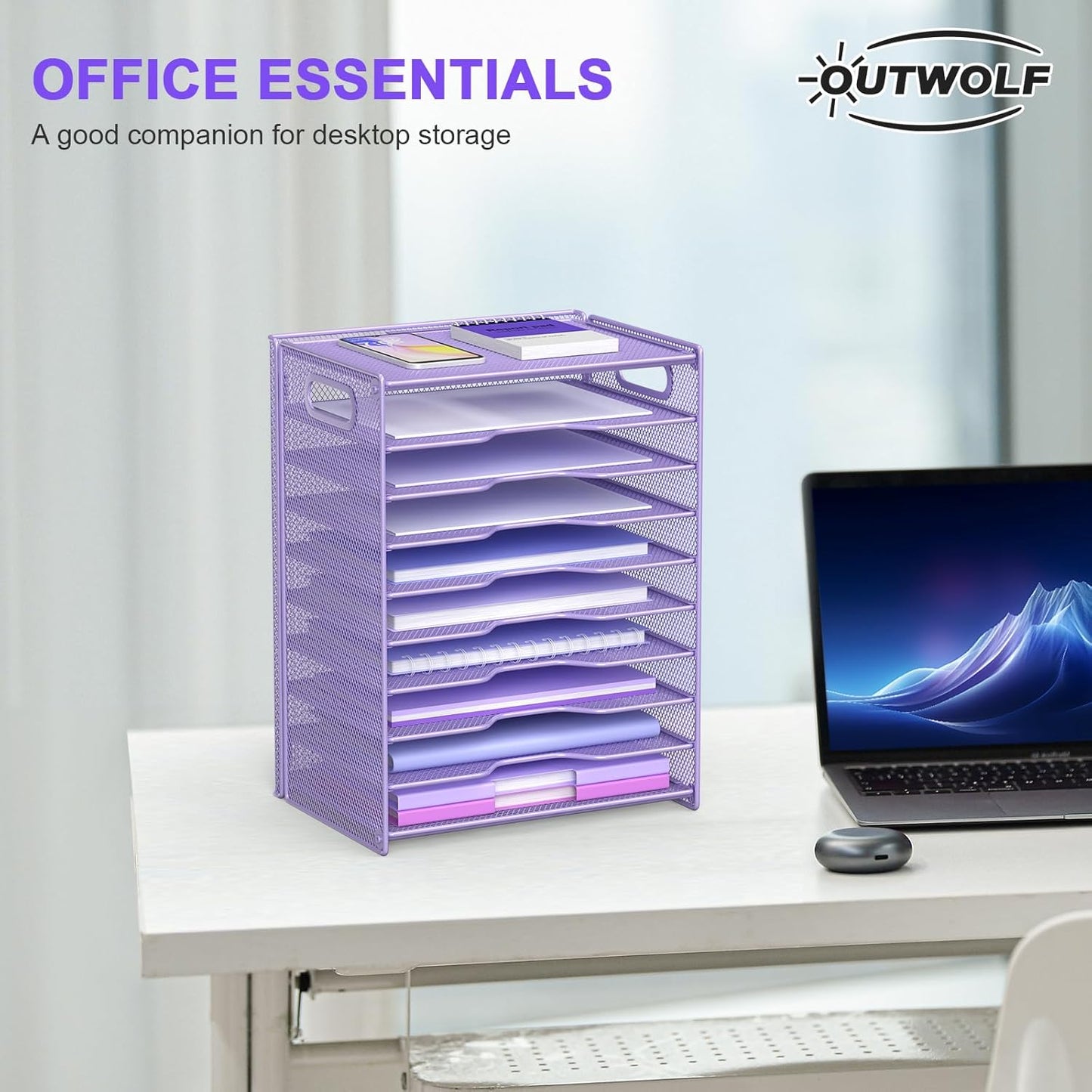 OUTWOLF 10 Tier Paper Organizer - Letter Tray Mesh Desk File Organizer with Handles for Office School Desktop, Black