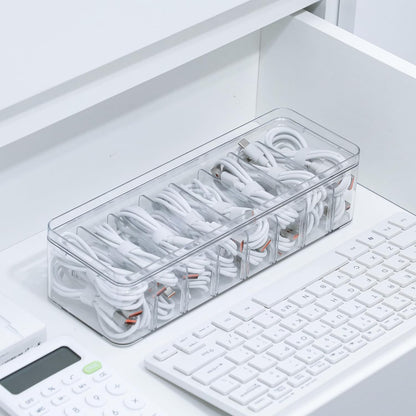 Cord Storage Organizer for Desk Drawer, Plastic Adjustable Cable Organizer Box with Lid and Wire Ties, Clear Phone Charger Case for Home Office