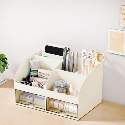 COMFYROOM Desk Organizer with 6 Compartments and 2 Drawers, Plastic Makeup Organizer, Pen Holder for Desktop Storage, Desk Organization for School, Home, Office Supplies (White)
