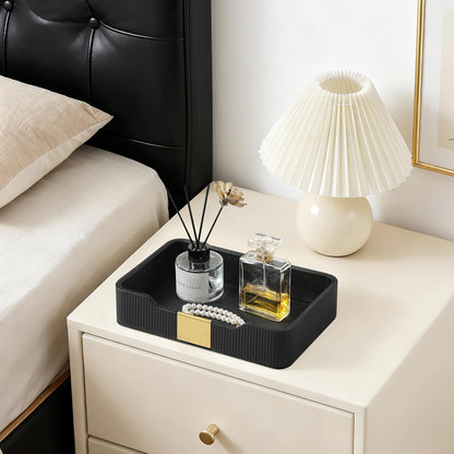 Valet Tray Desktop Storage Organizer, PU Leather Catchall Bedside Vanity Tray with Brass Accents Block Nightstand Organizer for Keys Watch Wallet Phone, Decorative Nightstand Storage (Green)