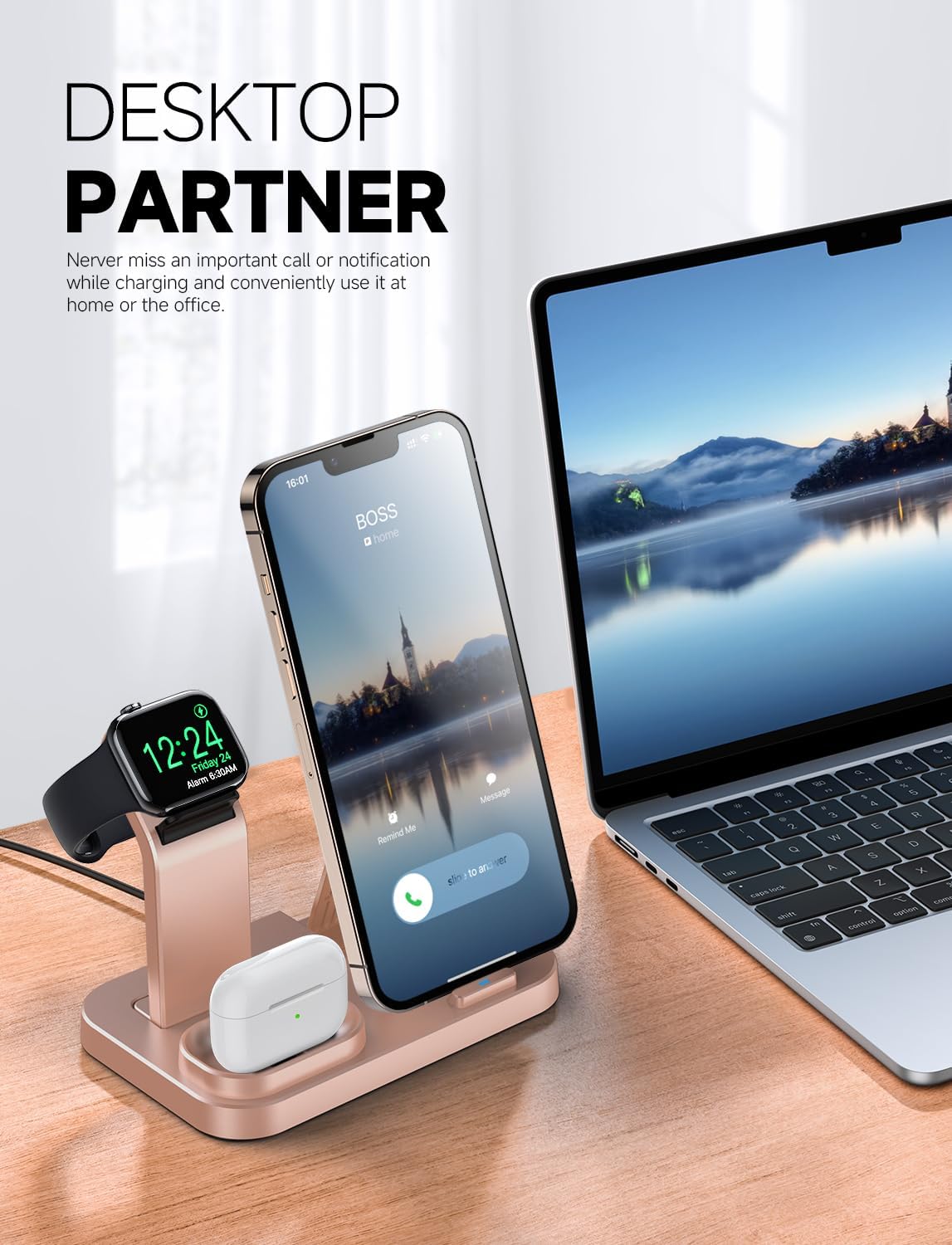 Wireless Charging Station 3 in 1 RJR Compatible with Apple Devices, Charging Dock for iWatch, Built-in Wireless Charger Stand for iPhone Series AirPods Gifts (with 18W Adapter) Graphite Black