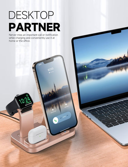 Wireless Charging Station 3 in 1 RJR Compatible with Apple Devices, Charging Dock for iWatch, Built-in Wireless Charger Stand for iPhone Series AirPods Gifts (with 18W Adapter) Graphite Black