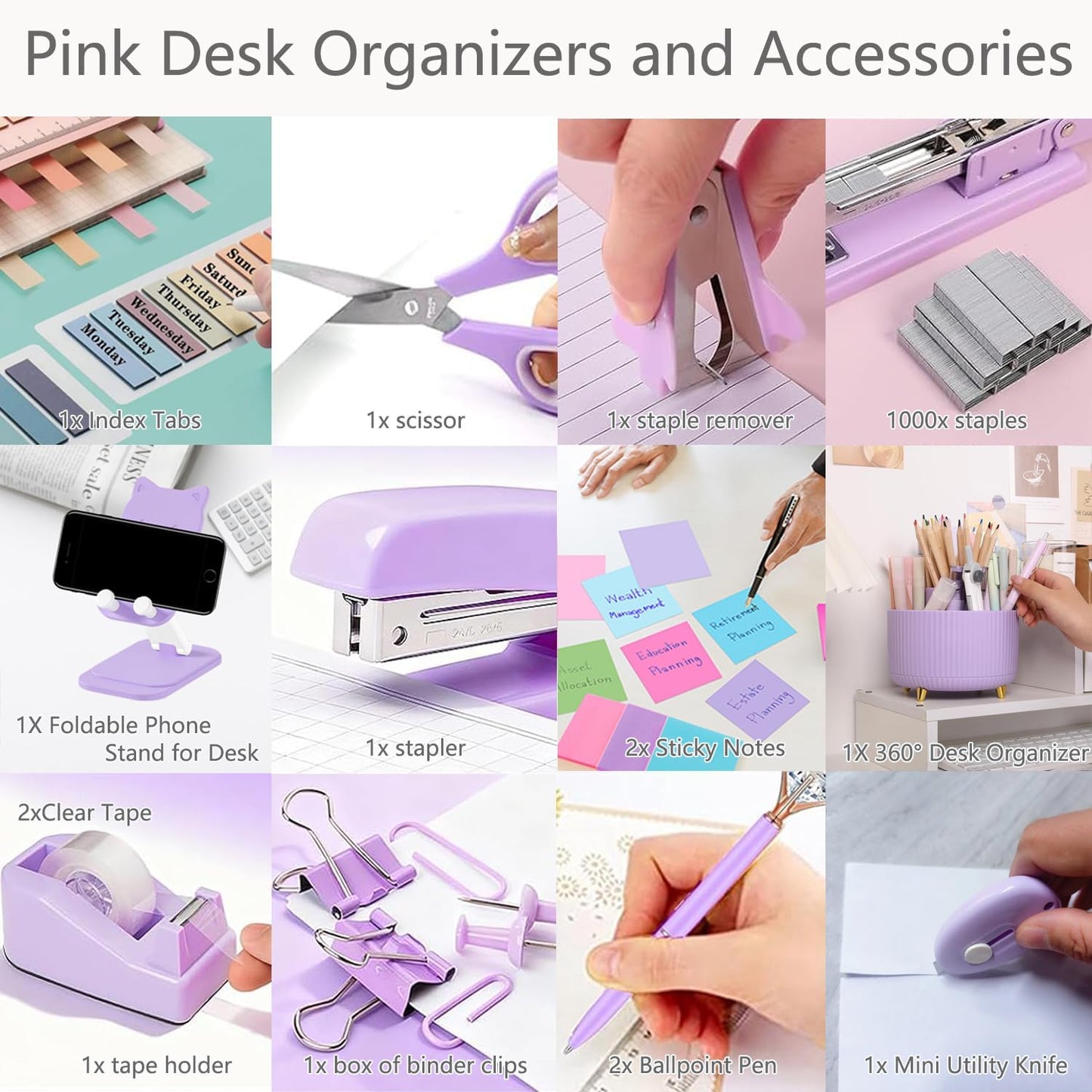 suniya Office Supplies,Gold Desk Accessories,with Stapler,Tape Dispenser,Pen Holder,Scissors,Phone Stand,Staple Remover,Ballpoint Pen,Clear Tape, Staples,Ruler,Clips,Best Gift for Business or Boss