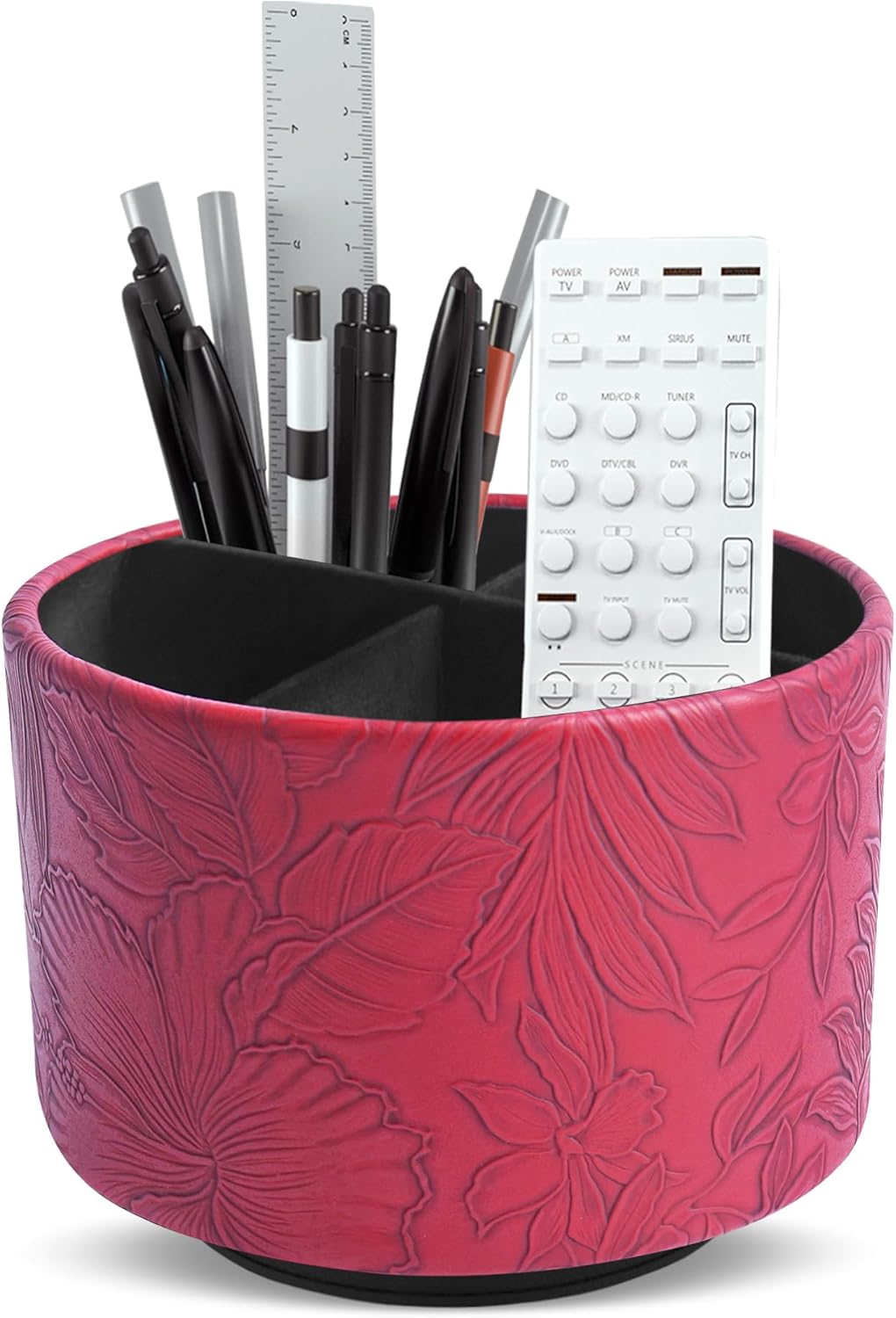Hennaja Round Leather Art Supply Organizer,Remote Control Holder,360 Degree Rotating,Multi-Functional Pencil Holder,4 Compartments Desktop Stationary Organizer(1-Blue Bird) - Colors B