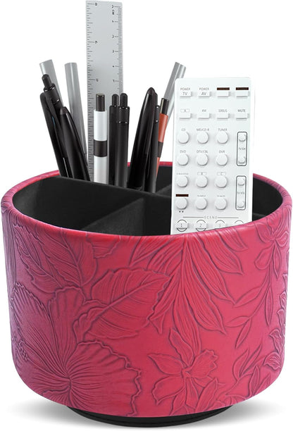 Hennaja Round Leather Art Supply Organizer,Remote Control Holder,360 Degree Rotating,Multi-Functional Pencil Holder,4 Compartments Desktop Stationary Organizer(1-Blue Bird) - Colors B