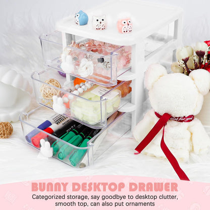 3 Layer Plastic Storage Drawer Bunny Transparent Cosmetic Organizer Rabbit Makeup Organizer Storage Container for Office School Home（White）