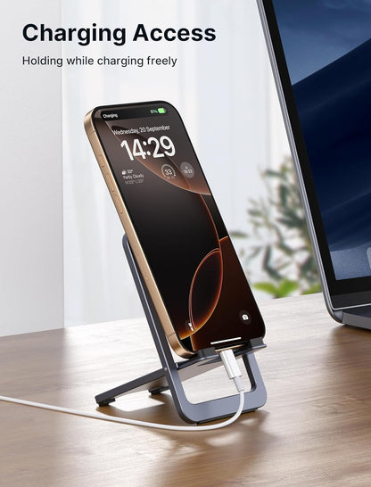 JSAUX Cell Phone Stand, Foldable Aluminum Adjustable Phone Holder for Desk Portable Travel Essentials Office Accessories for iPhone 17 16 15 14 13 Pro Max Samsung S25 S24 S23 Ultra Kindle-Gray